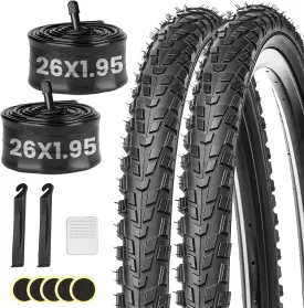 2 Pack Mountain Bike Tire Set,26x1.95-Inch Foldable Replacement Puncture-Proof Bicycle Tires and Pair of 26-Inch Inner Tubes with Repair Kit for Mountain Bikes, Cyclocross Bikes.