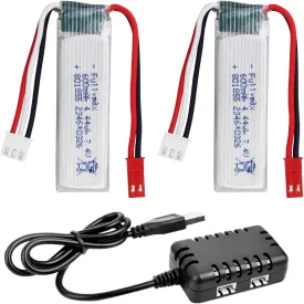 2PCS 7.4V 600mAh Lithium Battery with 2-in-1 Charger Suitable for XK A280 A160 A300 Remote Control Aircraft Fixed Wing Glider Sircraft Model Toy Accessories