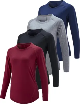 4-Pack: Womens Long Sleeve Athletic Tops with Thumb Holes  Dry Fit Active Crewneck Workout Tees