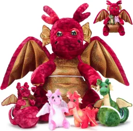 7 Pcs Dragon Plush Toys Gift Set 15.75" Large Dragon Mom Stuffed Animal with 4 Cute Babies and 2 Eggs in Mommy's Belly for Kids Birthday Christmas Classroom Prizes(Red)