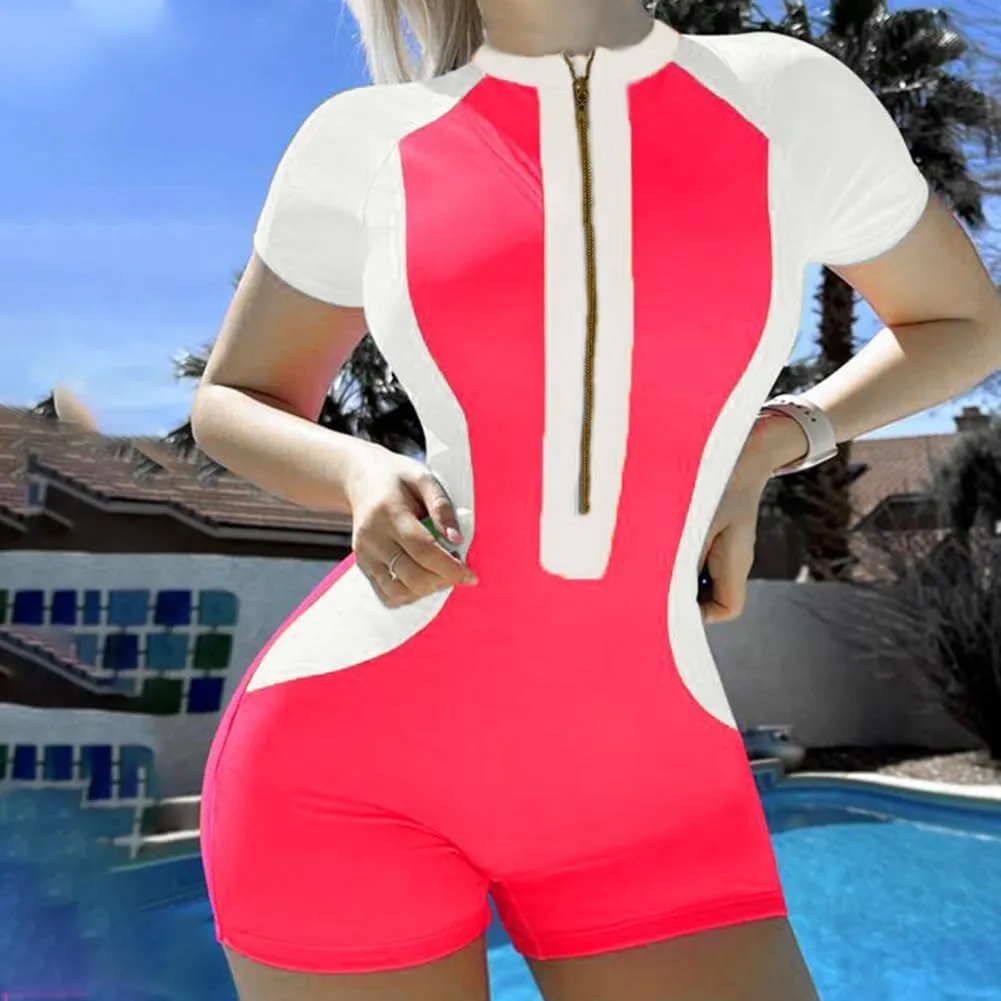 AFAVOM Womens Rash Guard One Piece Swimsuit Beach Surfing Sexy Bathing Suit Zip Front Color Block Tummy Control Swimwear