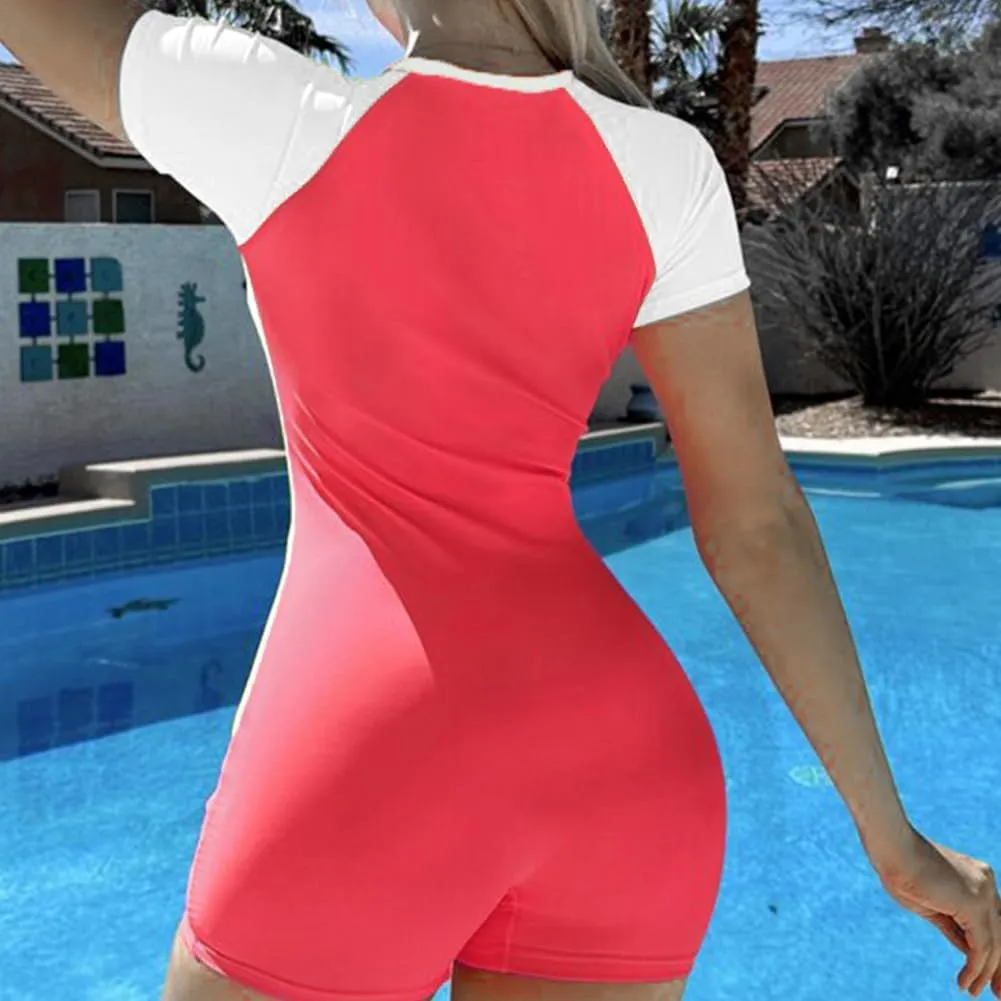 AFAVOM Womens Rash Guard One Piece Swimsuit Beach Surfing Sexy Bathing Suit Zip Front Color Block Tummy Control Swimwear