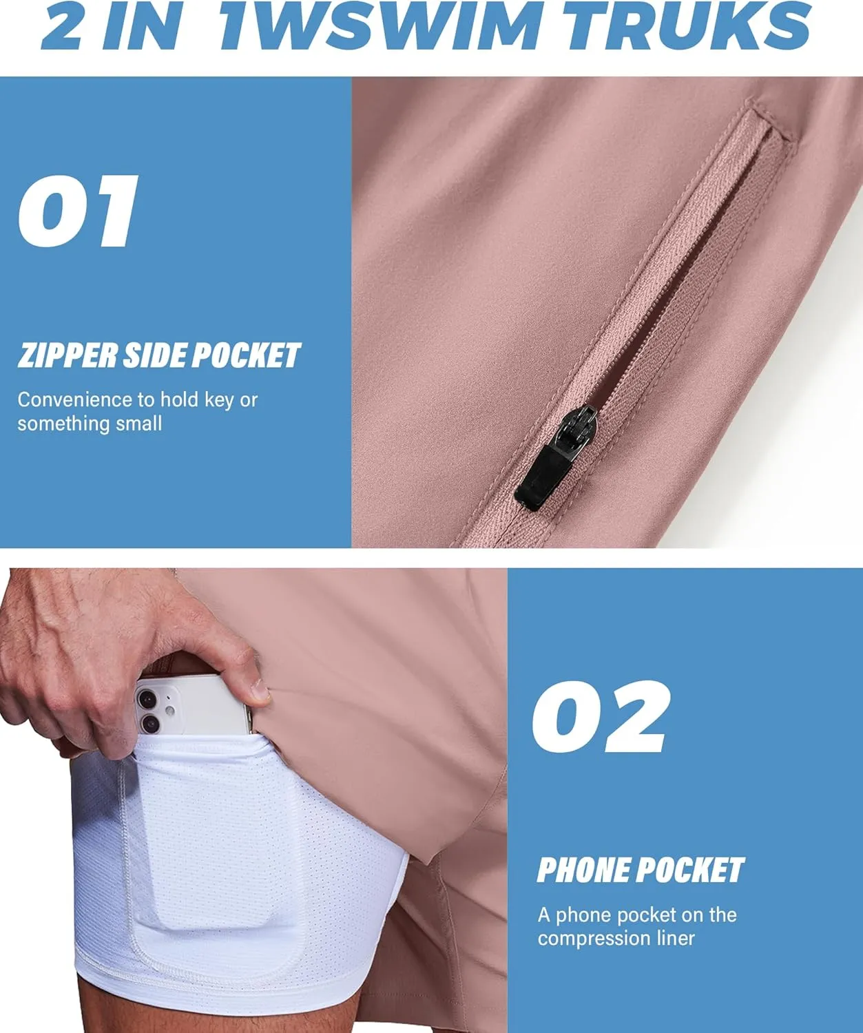 Alimens & Gentle Mens Swim Trunks 5" with Compression Linner Swim Shorts with Zipper Pocket Quick Dry Board Shorts for Men