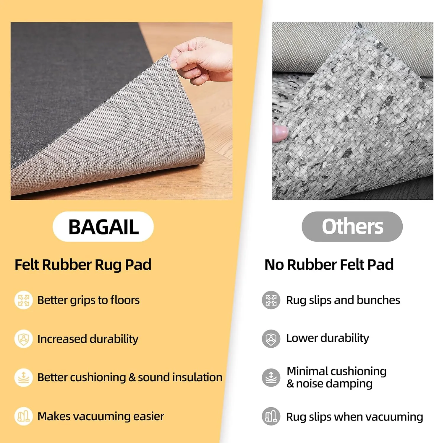 BAGAIL Felt and Natural Rubber Backing Rug Pads 1/4 Thick, 5 x 7 Ft Non Slip Carpet Gripper Keep Rugs in Place, Under Area Rug Protective Cushioned Pads, Carpet Runners, Hardwood Floors Protection