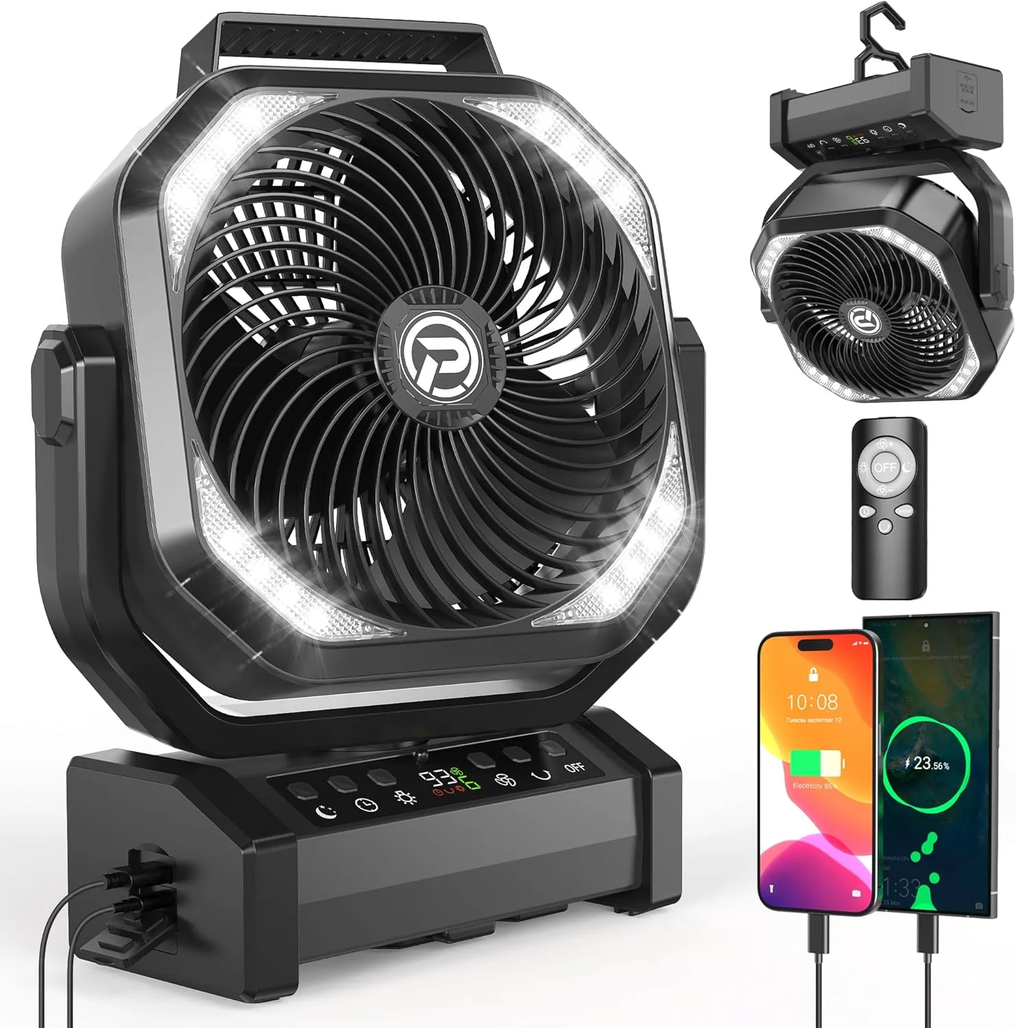 Camping Fan with LED Lantern, 20000mAh Rechargeable Battery Fan, Max 112Hrs Running,8 Speeds, Digital Display,4 Timer,Auto-Oscillating Table Fan with Remote & Hook for Camping, Power Outage, Hurricane
