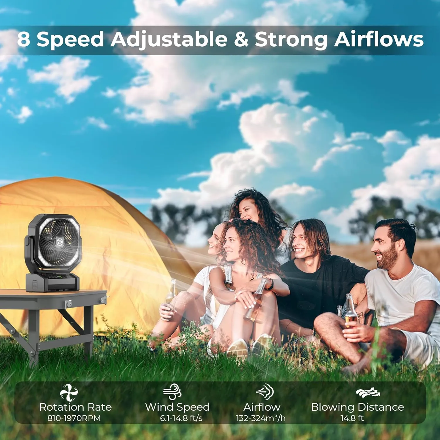 Camping Fan with LED Lantern, 20000mAh Rechargeable Battery Fan, Max 112Hrs Running,8 Speeds, Digital Display,4 Timer,Auto-Oscillating Table Fan with Remote & Hook for Camping, Power Outage, Hurricane