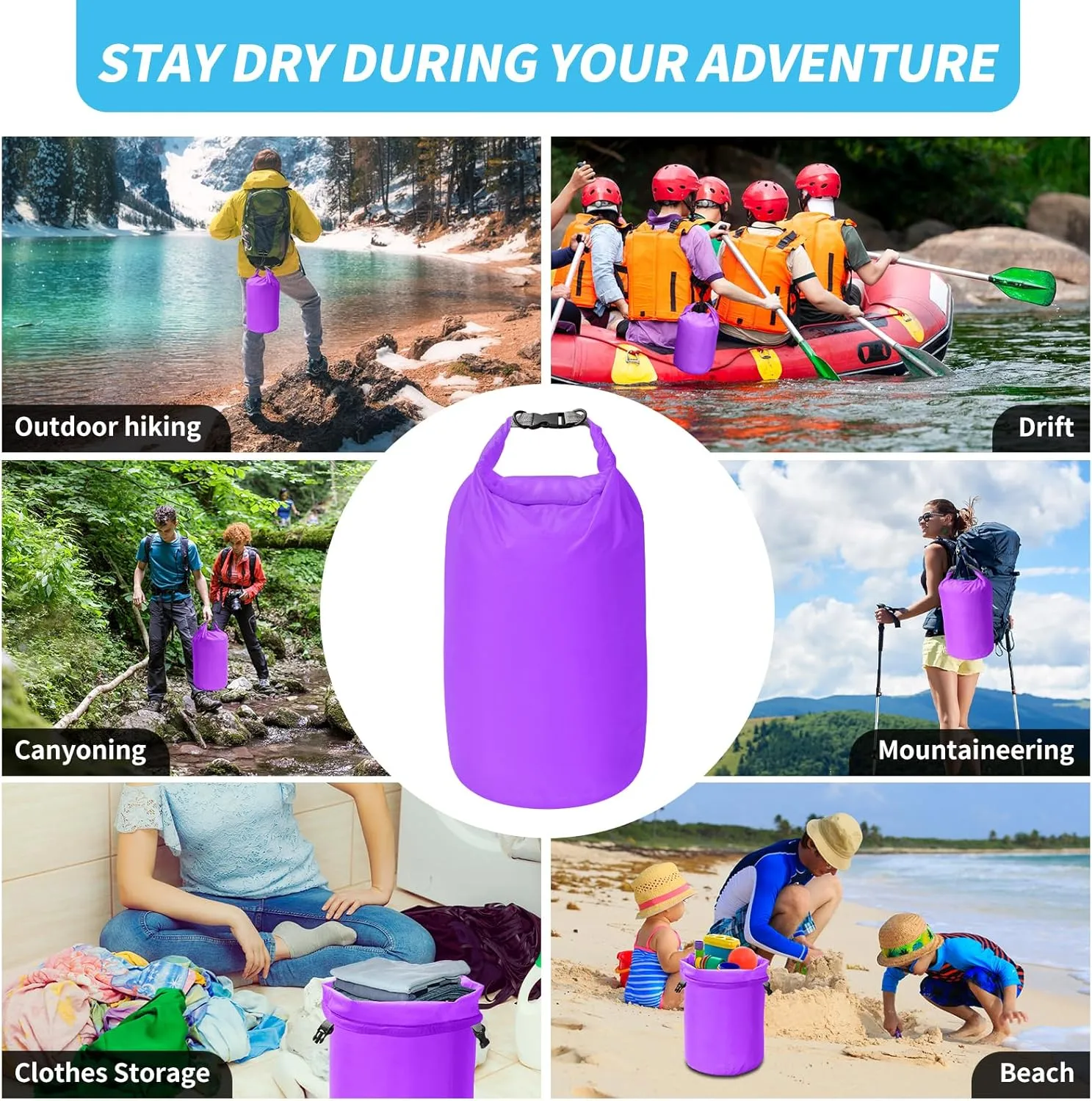 Dry Bag Set, Waterproof Small Lightweight Dry Bags for Paddle Board Kayaking, Fishing, Camping (Purple, 20L 2Pack)
