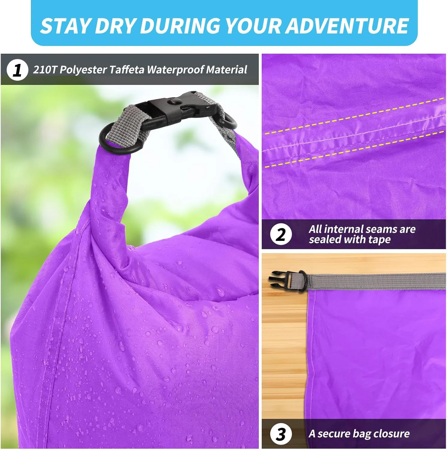 Dry Bag Set, Waterproof Small Lightweight Dry Bags for Paddle Board Kayaking, Fishing, Camping (Purple, 20L 2Pack)