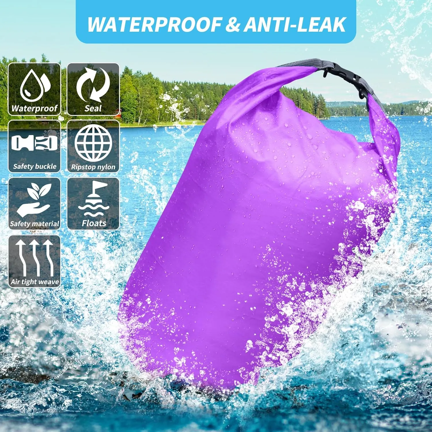 Dry Bag Set, Waterproof Small Lightweight Dry Bags for Paddle Board Kayaking, Fishing, Camping (Purple, 20L 2Pack)