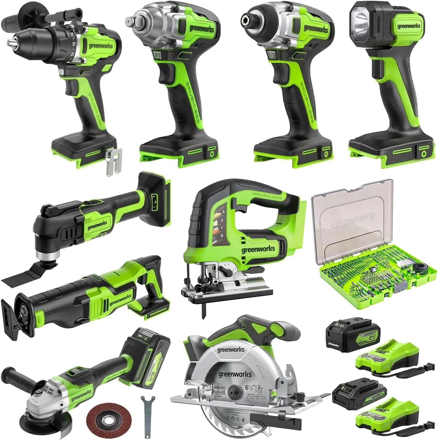 Greenworks 24V 10pcs Combo Kit,(2) Batteries & (2) Chargers. 800in/lb Drill&Impact Driver with Bits,Wrench, Multi-tool, Reciprocating Saw&Jigsaw, Circular saw, Angle Grinder and Flashlight