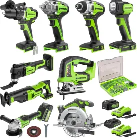 Greenworks 24V 10pcs Combo Kit,(2) Batteries & (2) Chargers. 800in/lb Drill&Impact Driver with Bits,Wrench, Multi-tool, Reciprocating Saw&Jigsaw, Circular saw, Angle Grinder and Flashlight