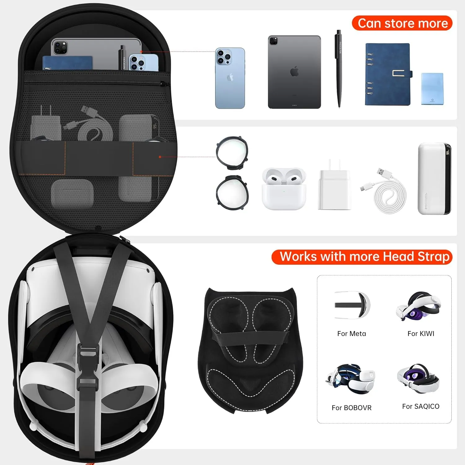 HiBloks Carrying Case with Magnetic Charging for Meta Quest 2/Quest 3S Accessories, Large Capacity Hard Travel Case for Oculus Quest 3S Headset and Controllers, Quest 2 Backpack Portable Storage Bag