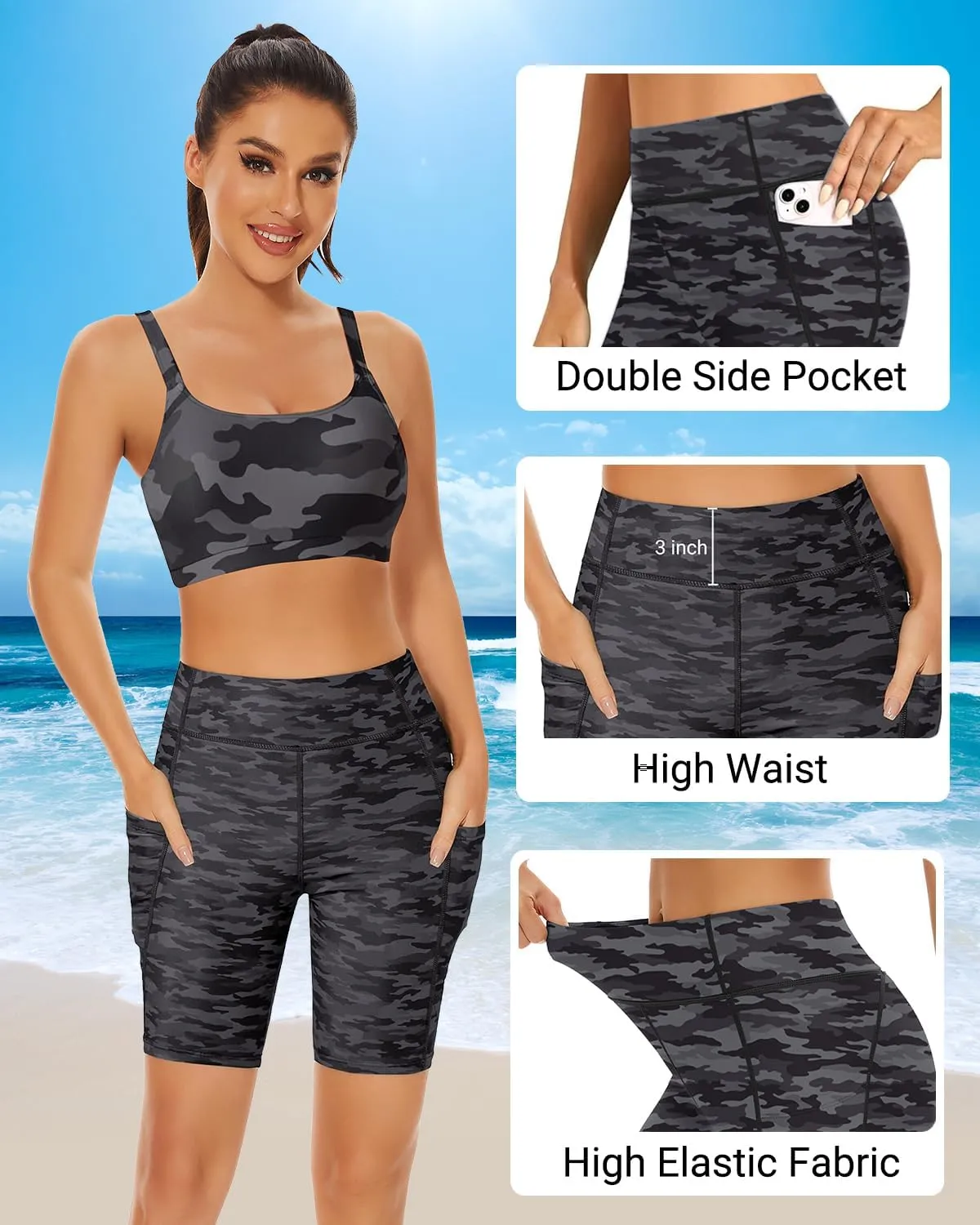 Holipick Women High Waisted Swim Shorts Tummy Control Biker Shorts with Pockets Swim Bottoms
