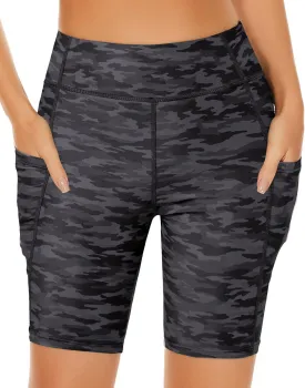Holipick Women High Waisted Swim Shorts Tummy Control Biker Shorts with Pockets Swim Bottoms