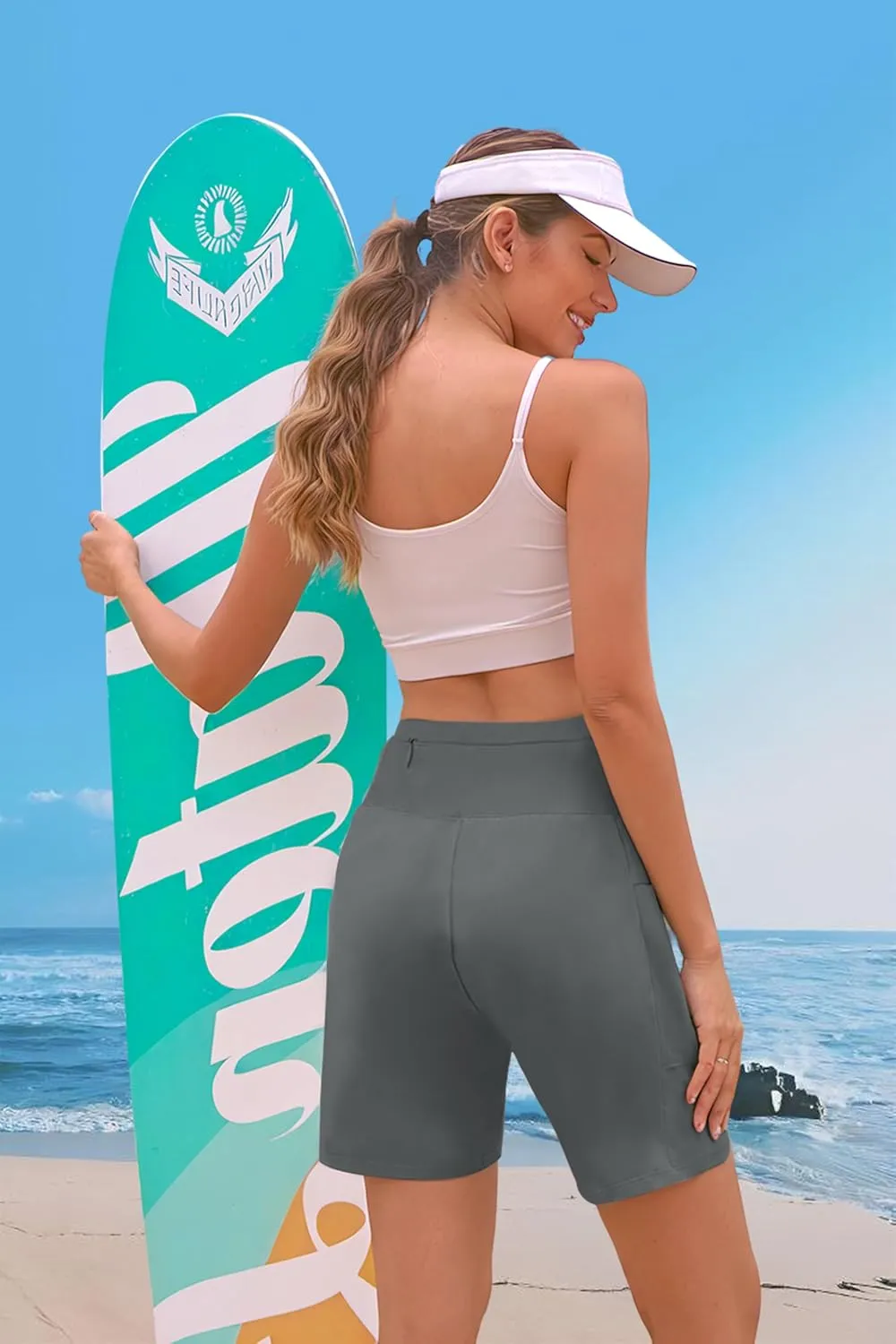 JENEARY Women's 7" Swim Board Shorts High Waisted Tummy Control Quick Dry Bermuda Swimming Long Bottoms