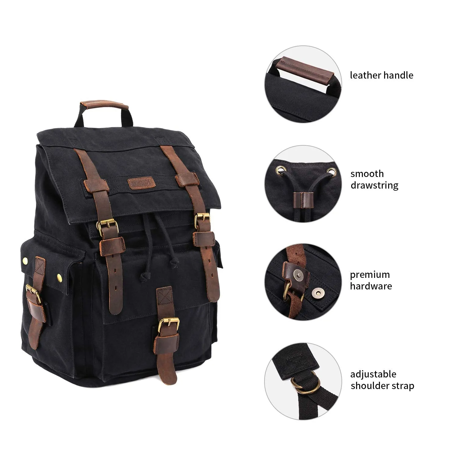 Kattee Men's Canvas Leather Hiking Travel Backpack, Black