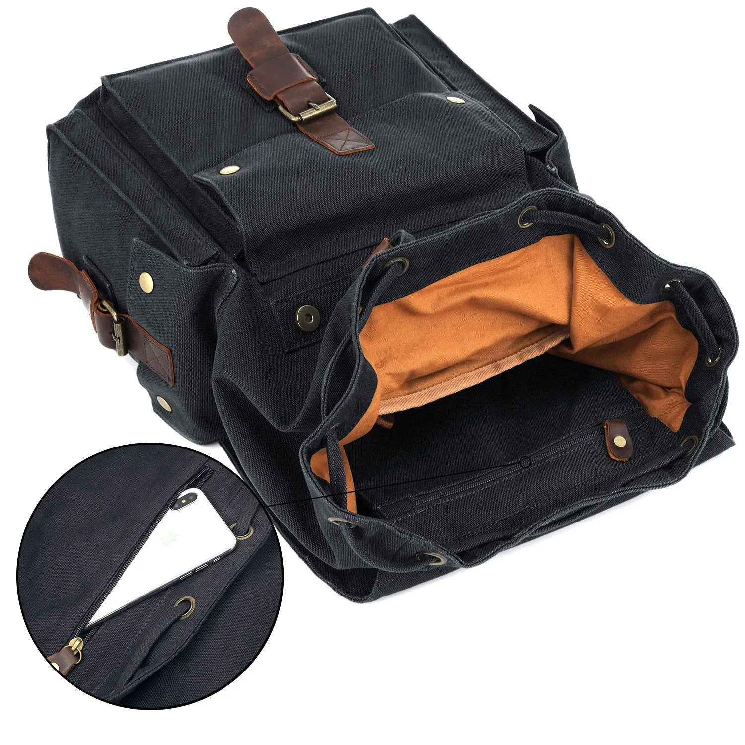 Kattee Men's Canvas Leather Hiking Travel Backpack, Black