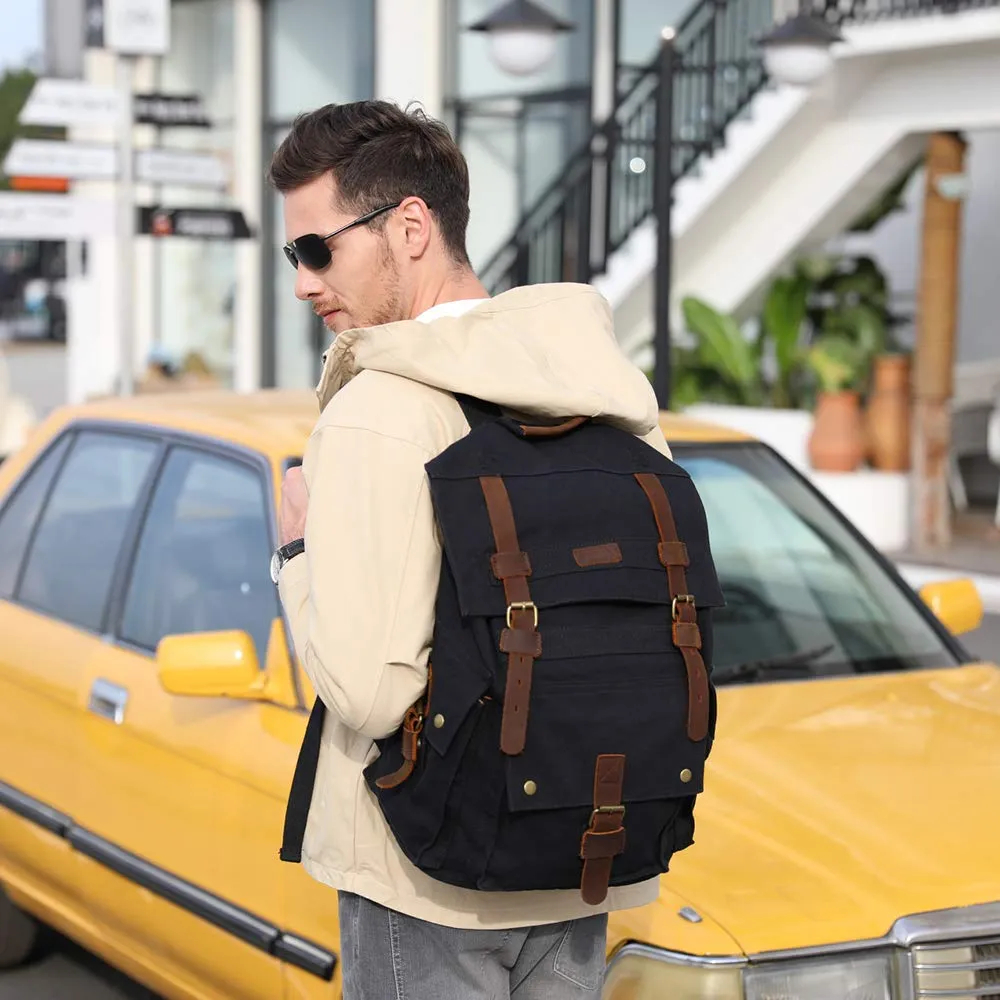 Kattee Men's Canvas Leather Hiking Travel Backpack, Black