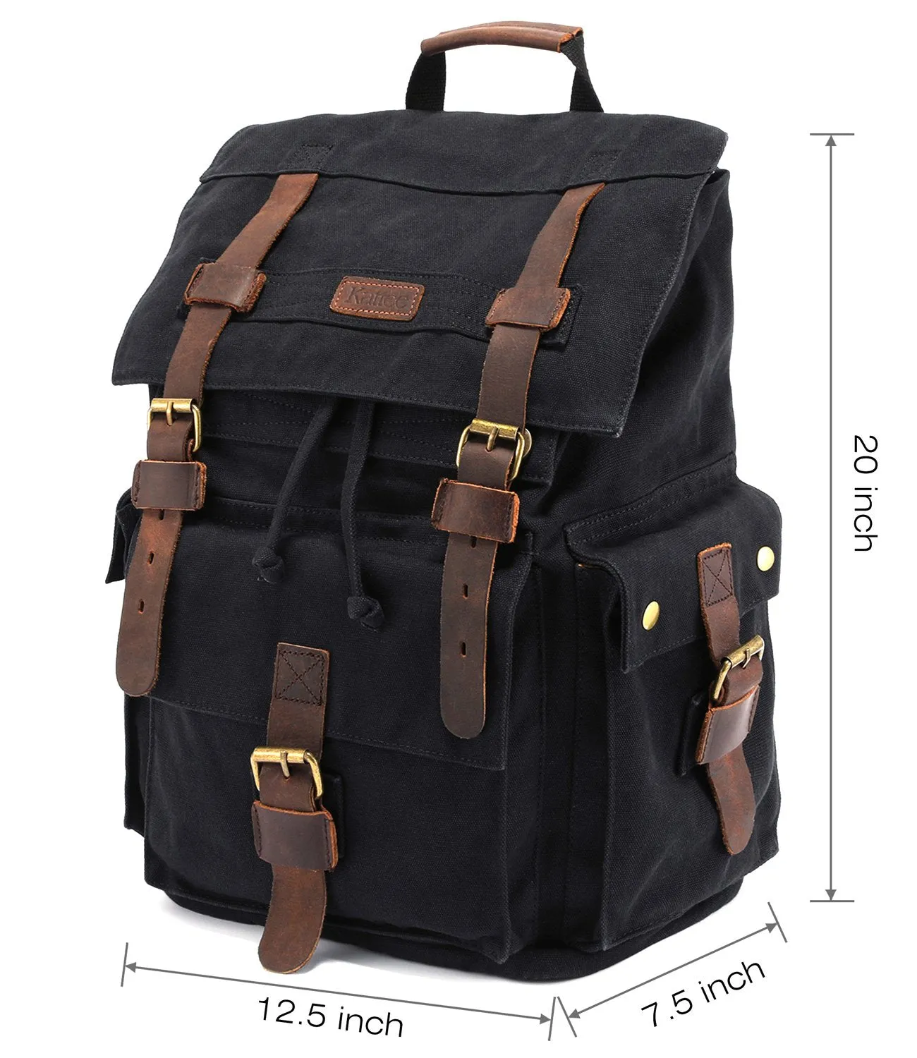Kattee Men's Canvas Leather Hiking Travel Backpack, Black