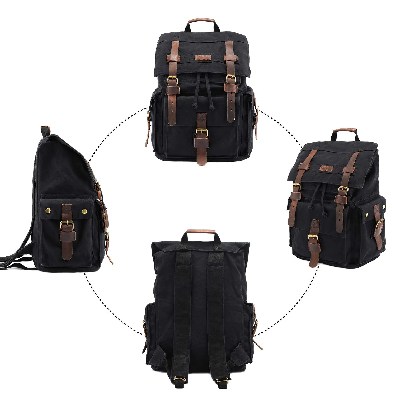 Kattee Men's Canvas Leather Hiking Travel Backpack, Black