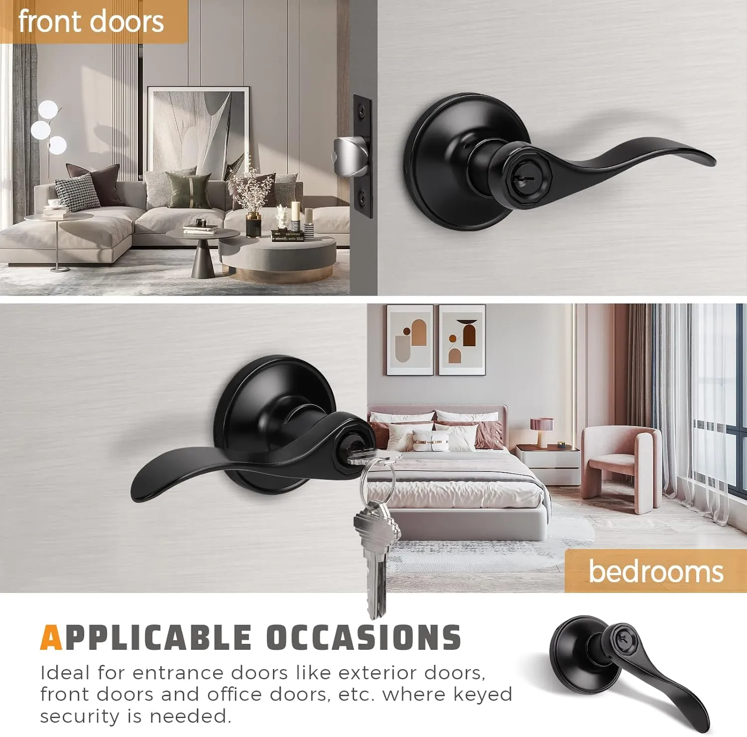 KNOBWELL 1 Pack Complete Exterior Keyed Entrance Handleset, Front Entry Door Handle Lock Set, Matte Black, Left/Right Handed Door Handle, Keyed Alike/Combo Keys