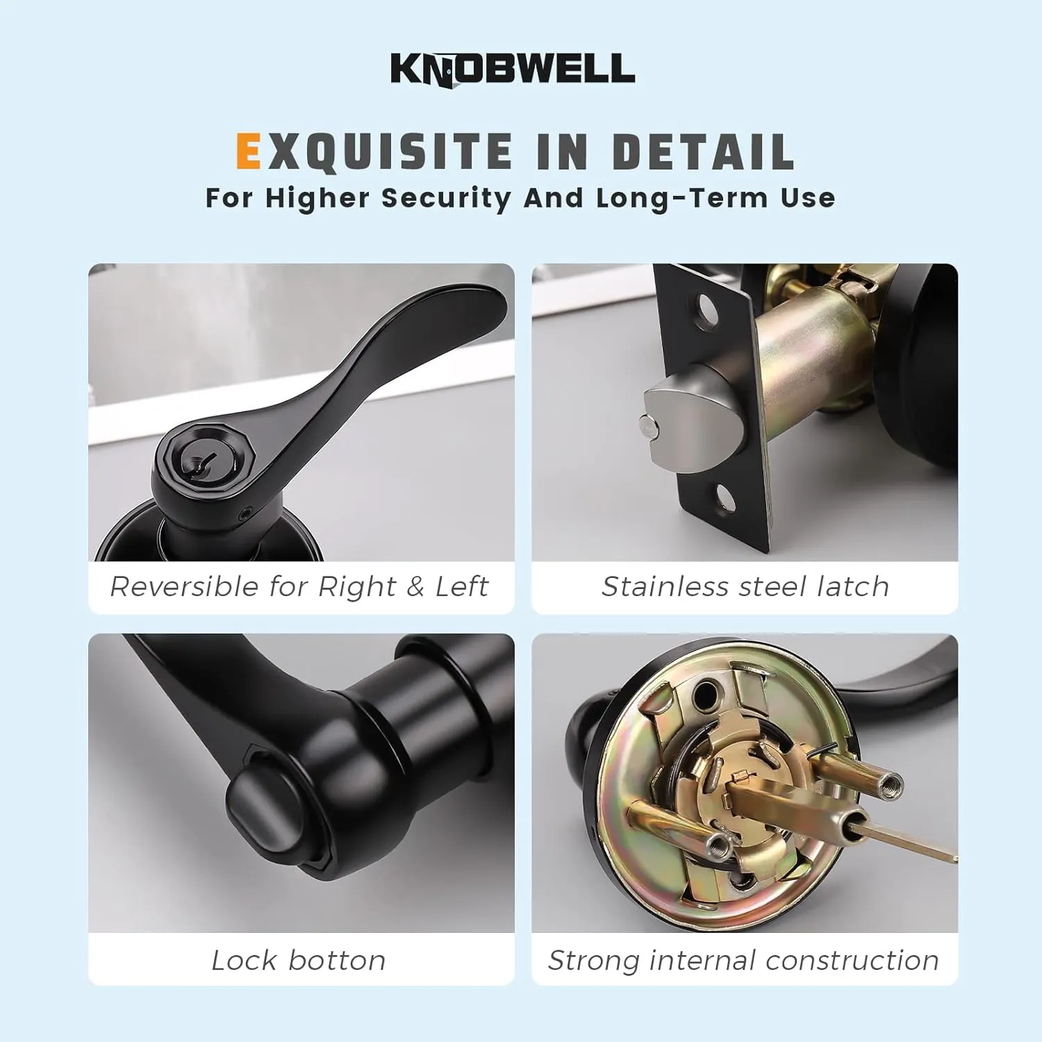 KNOBWELL 1 Pack Complete Exterior Keyed Entrance Handleset, Front Entry Door Handle Lock Set, Matte Black, Left/Right Handed Door Handle, Keyed Alike/Combo Keys