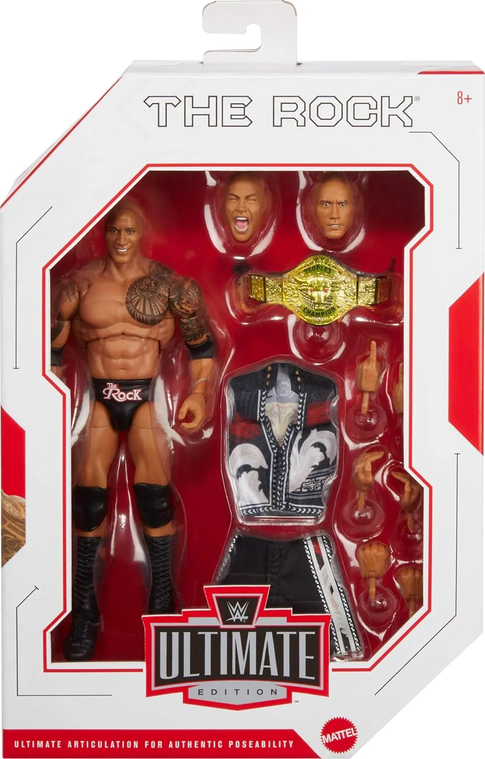 Mattel WWE Ultimate Edition Action Figure & Accessories, 6-inch The Rock Collectible Set, Swappable Heads & Hands, 30 Articulation Points