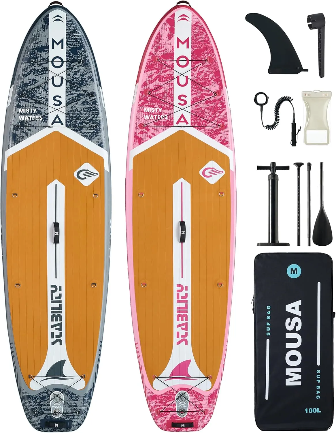 MOUSA 11'35" Inflatable SUP Board Bundle  2 Colors (Gray & Pink), Stable Paddleboard for 2 People, Full EVA Deck, 100L Backpack