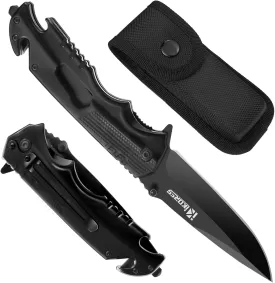 Pocket Knife for Men, 4 inch Multitool Folding Knife with Nylon Sheath and Pocket Clip, Bottle Opener, Glass Breaker, Seatbelt Cutter and Wrench, Black