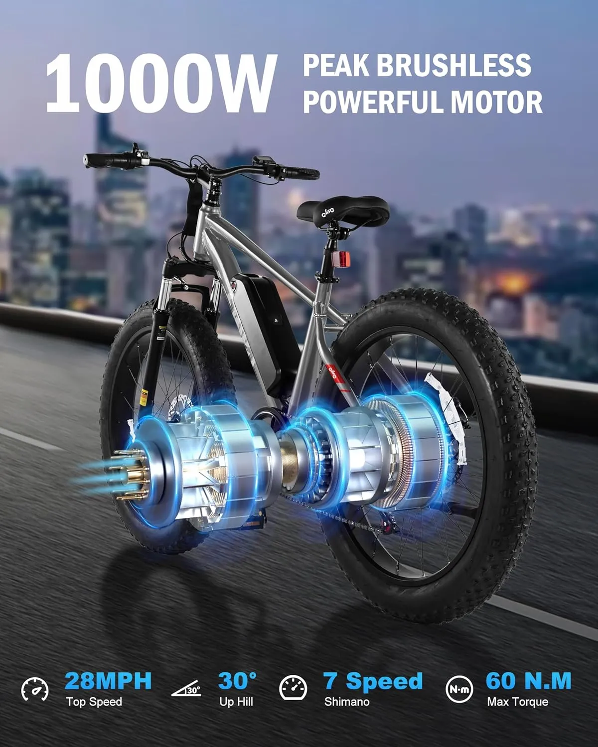 Racer Plus Adult Electric Bicycle, Peak 1000W Motor Electric Bike for Adults, Up to 28MPH 65Miles, 26x4.0 Fat Tire Electric Mountain Bike with 48V 13AH Battery, 7 Speed Front Suspension E Bike