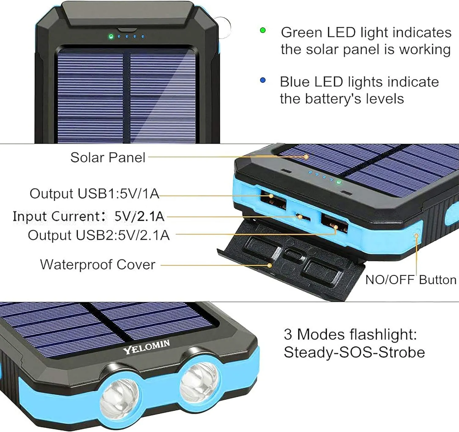 Solar Power Bank,  20000Mah Portable Outdoor Solar Charger, Camping Waterproof Backup Battery Pack with Dual USB 5V Outputs/Led Flashlights and Compass for Cellphones, Perfect for Hiking Travel