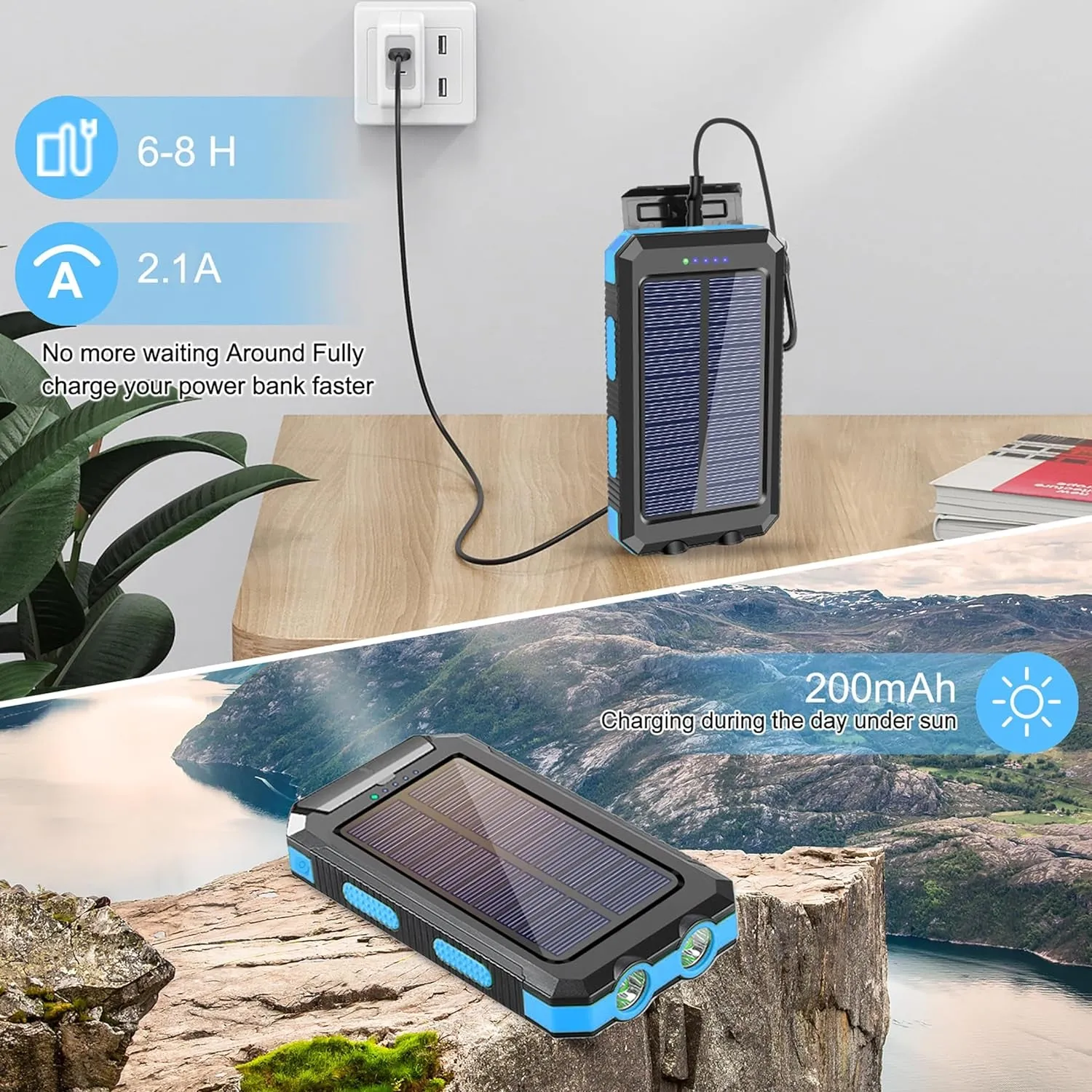 Solar Power Bank,  20000Mah Portable Outdoor Solar Charger, Camping Waterproof Backup Battery Pack with Dual USB 5V Outputs/Led Flashlights and Compass for Cellphones, Perfect for Hiking Travel