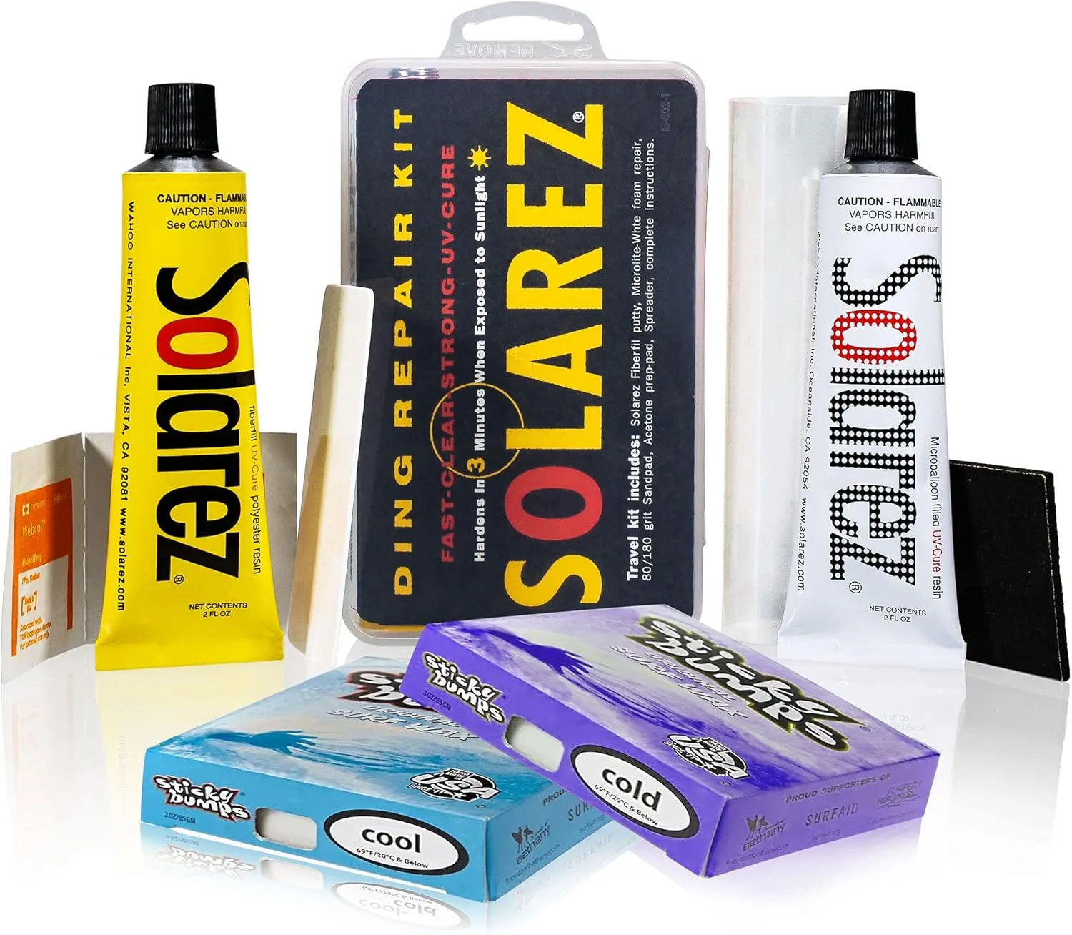 SOLAREZ UV Cure Surfboard Ding Repair Econo Gift Kit w/Sticky Bumps Wax - Fiberfill Polyester Ding Putty   Microlite Foam Filler   Acetone Prep Pad   Sanding Pad   Spreader Card   Cool & Cold Wax