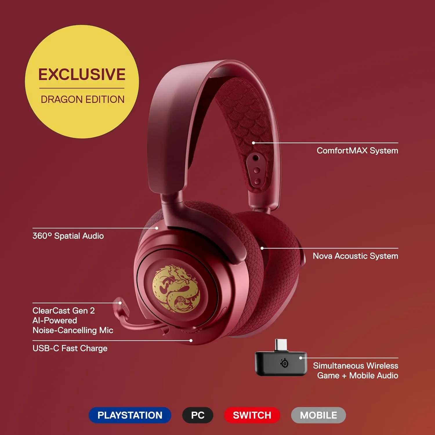 SteelSeries Arctis Nova 7 Wireless Multi-Platform Gaming Headset  Dragon Edition  Two Speaker Plate Sets  Dual Wireless 2.4GHz & Bluetooth  38 HR Fast Charge Battery  PC, PS, Mac, Mobile, Switch