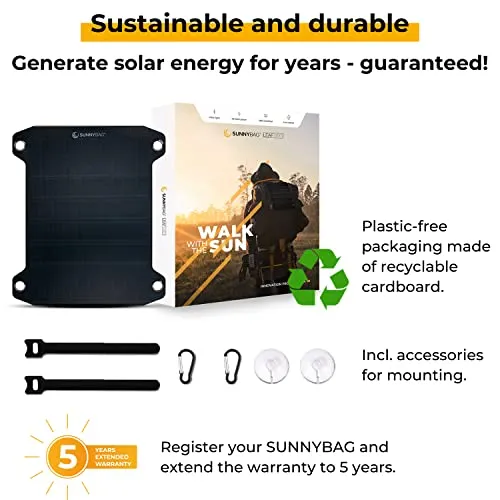 Sunnybag Leaf PRO | Premium Outdoor Solar Charger | 7.5 watt | Flexible Solar Panel Charger for Hiking and Camping | Light-Weight and Waterproof | Fits on Any Hiking Backpack | Incl. Fastening Gear