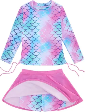 swimsobo Girls Rash Guard Two Pieces Bathing Suit Long Sleeve Swimsuit Swimming Skirt with Shorts Swimwear 3-12T