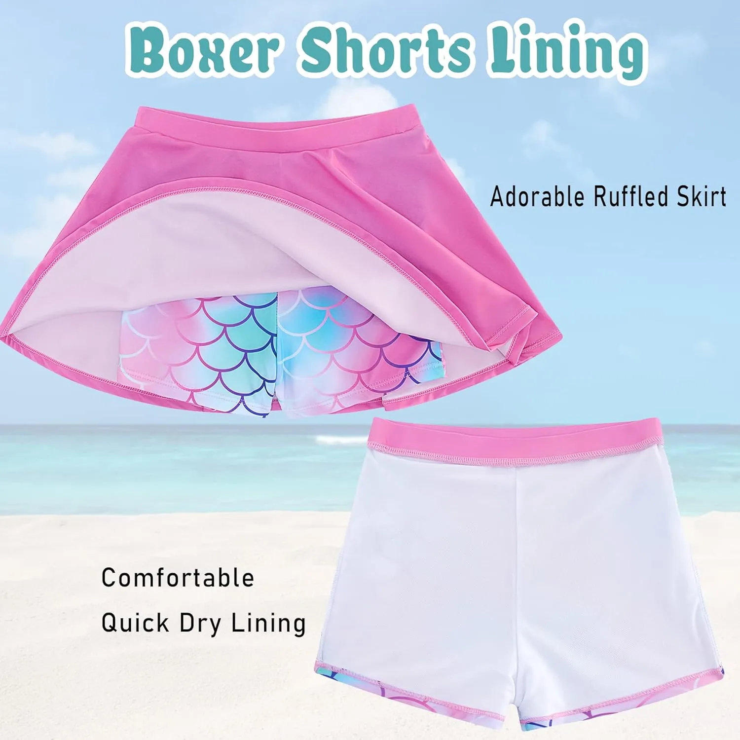 swimsobo Girls Rash Guard Two Pieces Bathing Suit Long Sleeve Swimsuit Swimming Skirt with Shorts Swimwear 3-12T