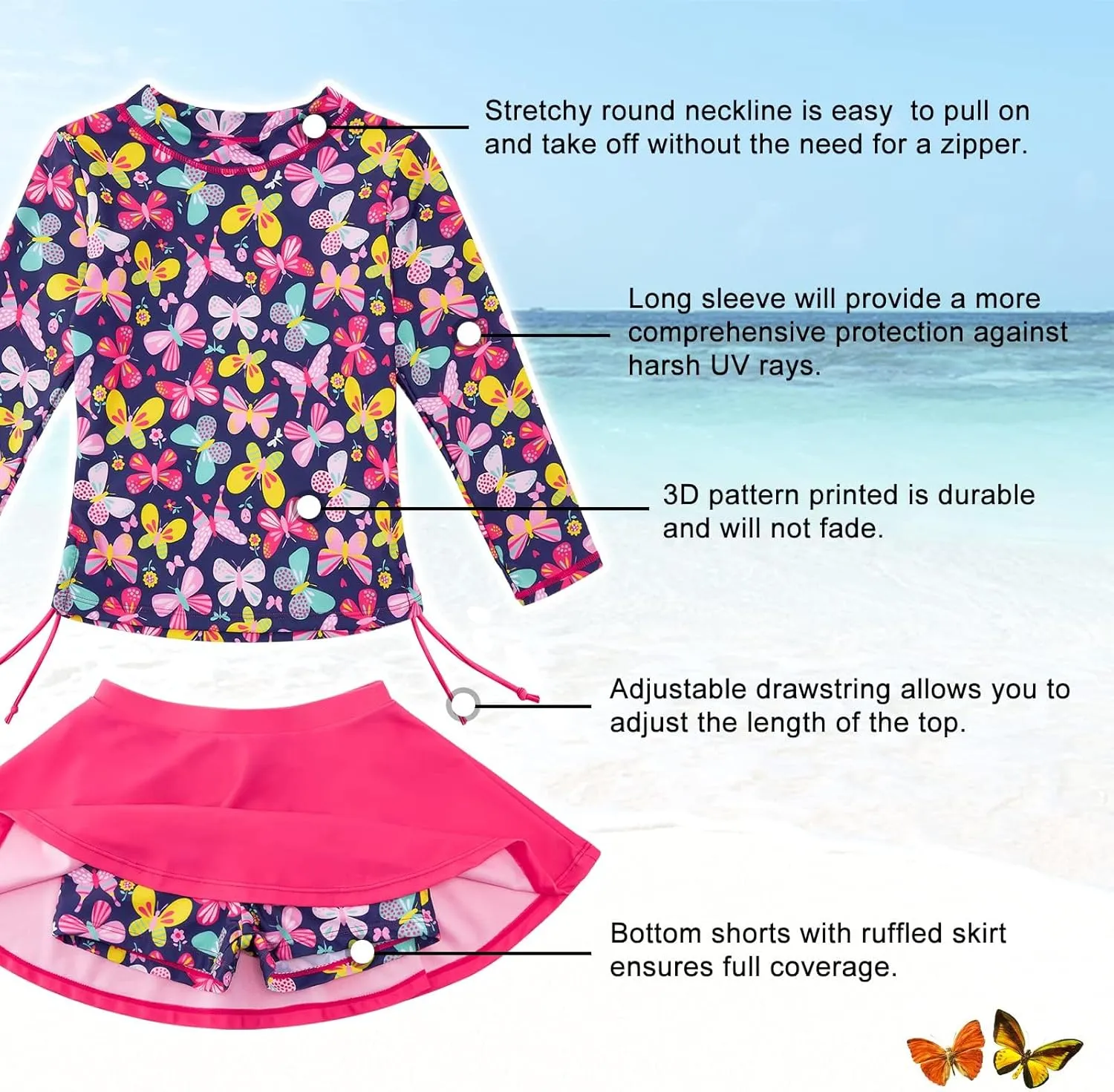 swimsobo Girls Rash Guard Two Pieces Bathing Suit Long Sleeve Swimsuit Swimming Skirt with Shorts Swimwear 3-12T