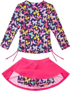 swimsobo Girls Rash Guard Two Pieces Bathing Suit Long Sleeve Swimsuit Swimming Skirt with Shorts Swimwear 3-12T