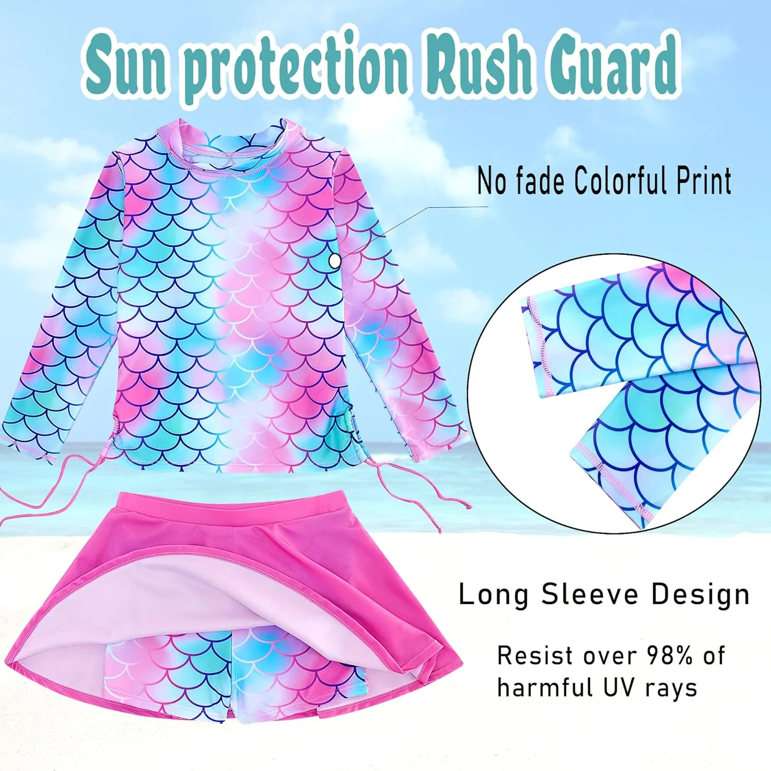 swimsobo Girls Rash Guard Two Pieces Bathing Suit Long Sleeve Swimsuit Swimming Skirt with Shorts Swimwear 3-12T