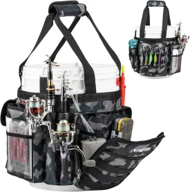THKFISH Fishing Bucket Organizer for 5 Gallon Bucket, Ice Fishing Bucket Bag with Rod & Plier Holder, Adjustable Fish Protection Bucket Bag with Multi-Pockets for Fishing Gear