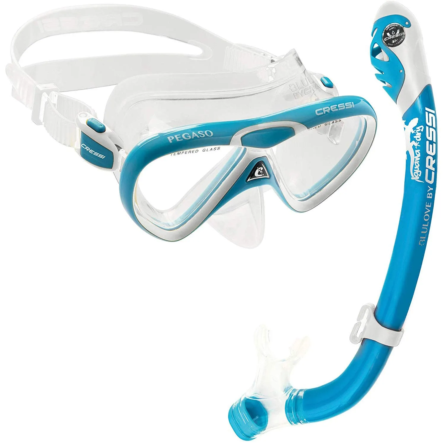 Used Cressi Junior Rocks Dry Mask Fin Snorkel Set-Blue/ White-Small/Medium