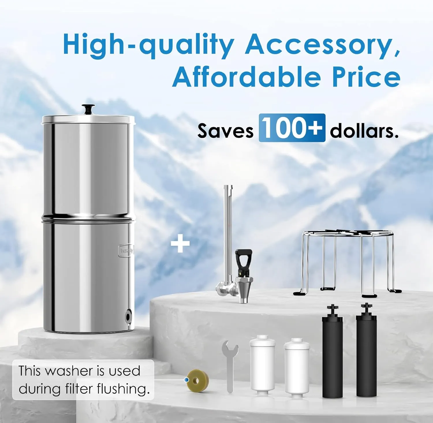 Waterdrop Gravity-fed Water Filter System, 2.25G Stainless-Steel System with 4 Filters, Metal Water Level Spigot and Stand, NSF/ANSI 42&372 Standard, Reduces Chlorine-King Tank for Emergencies
