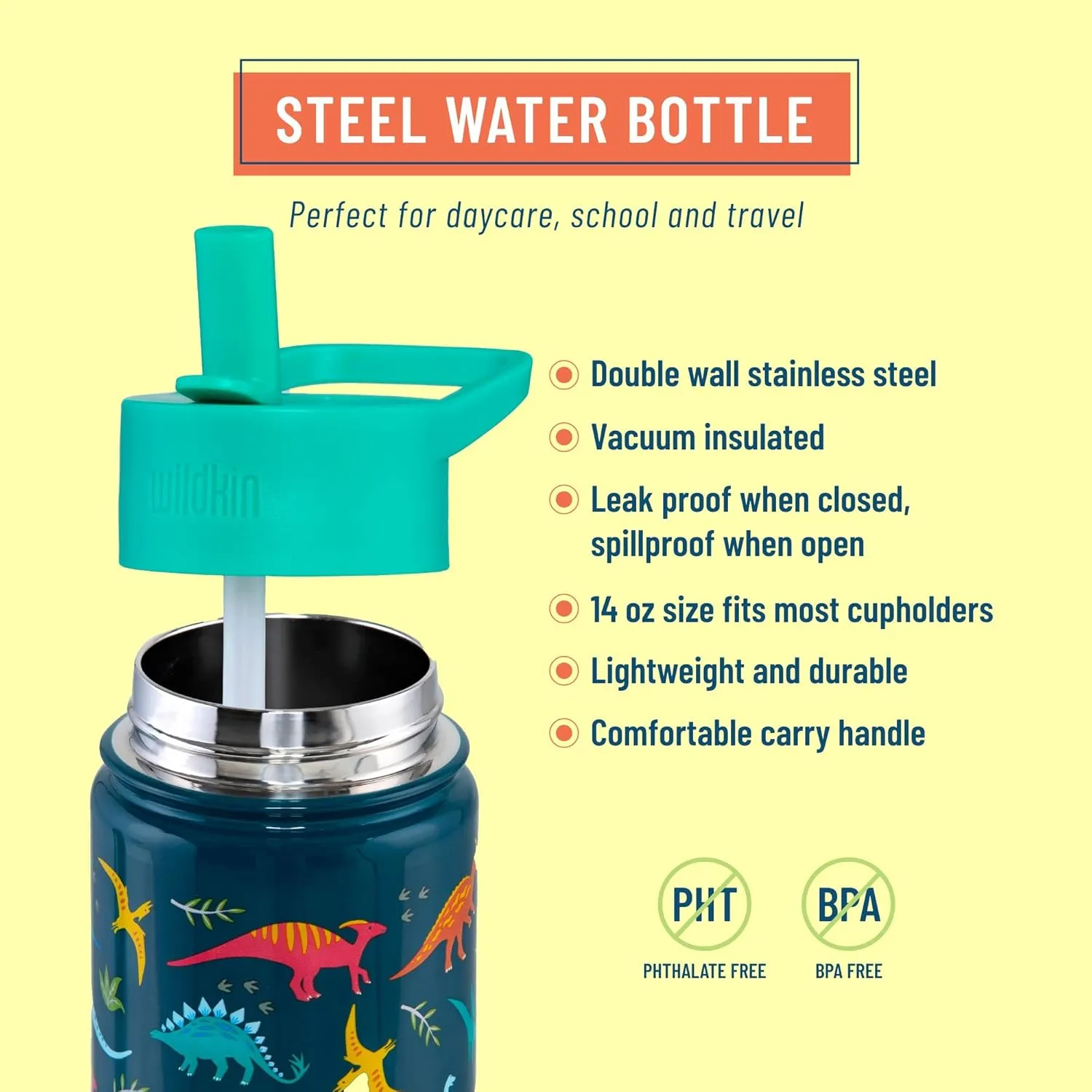 Wildkin Kids 14oz Stainless Steel Water Bottle  BPA-Free, Leakproof, Insulated, Easy-Clean - Jurassic Dinosaurs