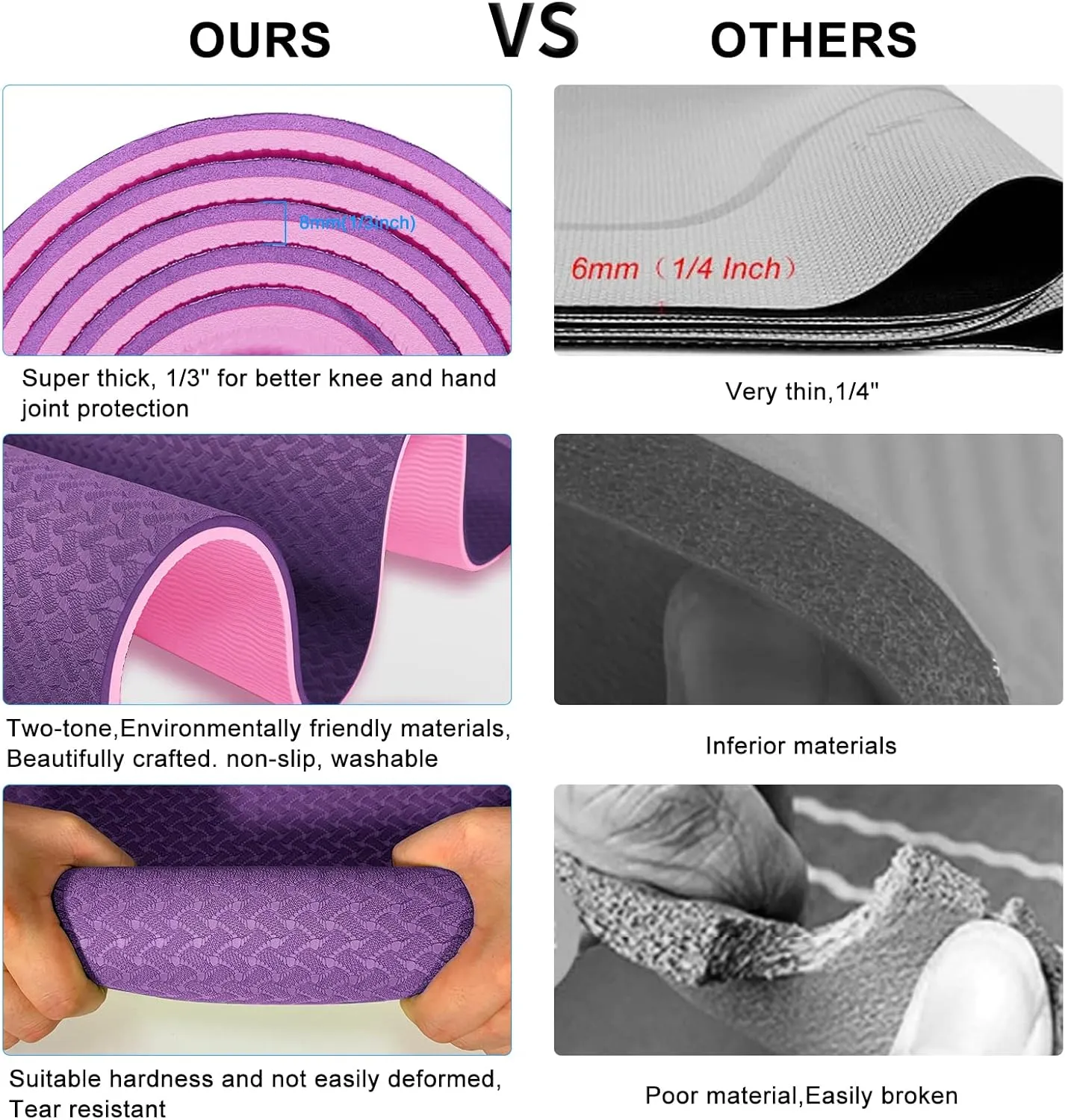 Yoga Mat 1/3 inch Exercise Mats 8mm  Non-Slip Extra Thick High-Density