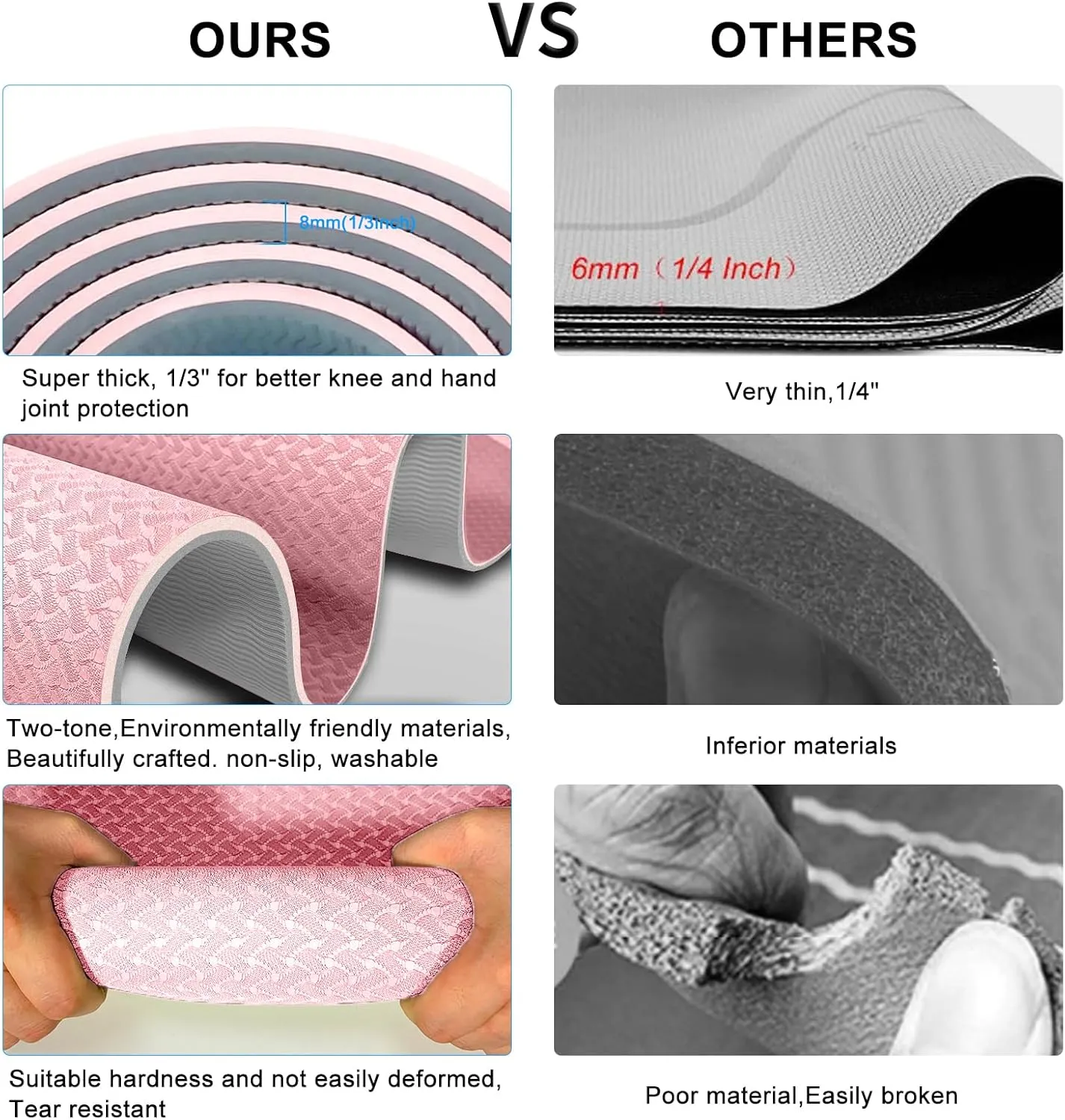 Yoga Mat 1/3 inch Exercise Mats 8mm  Non-Slip Extra Thick High-Density