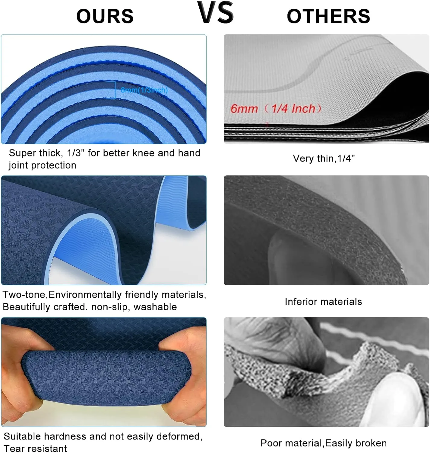 Yoga Mat 1/3 inch Exercise Mats 8mm  Non-Slip Extra Thick High-Density